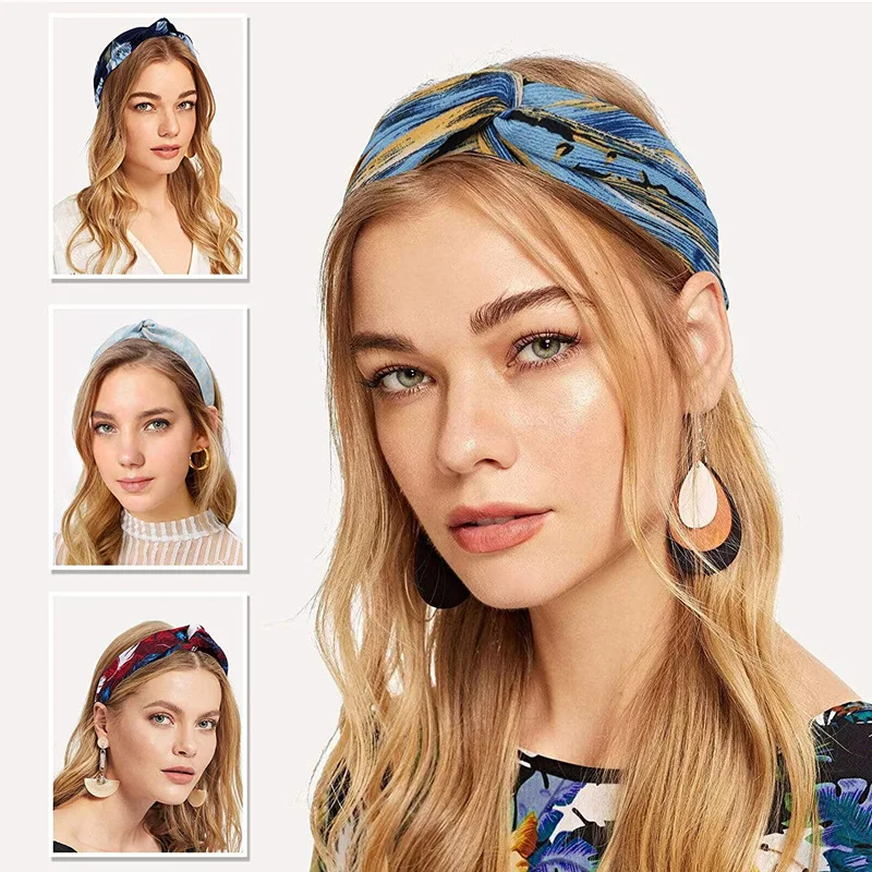 Summer Vacation Flower Print Headband Bohemian Fashion Women Girls Hair Bands Vintage Cross Turban Bandage Bandanas Accessories