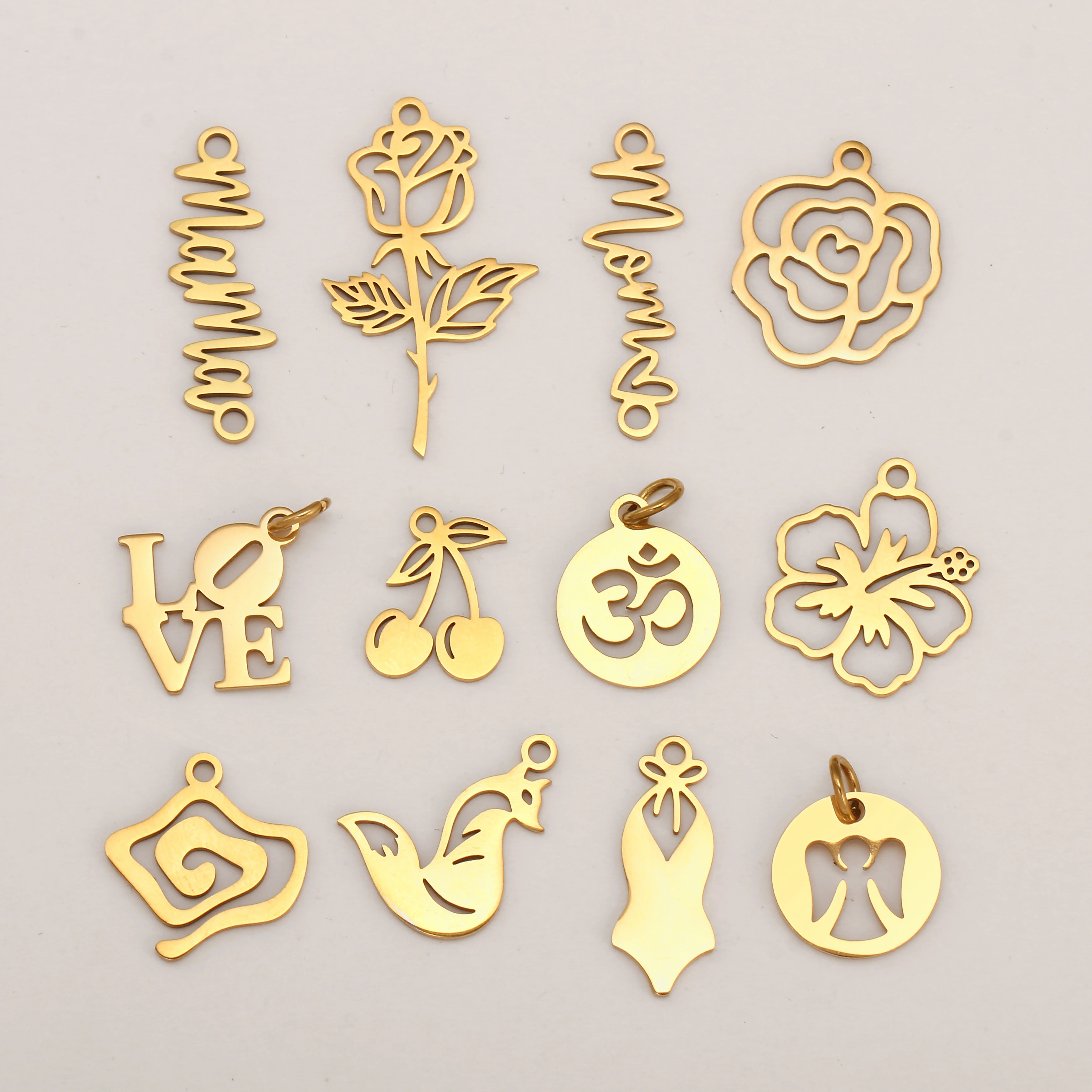 5Pcs Rose Flower/MOM/Om Yoga Charms Stainless Steel Sweet Cherry/Angel/Love Pendant DIY Mother's Necklace Earring Jewelry Making