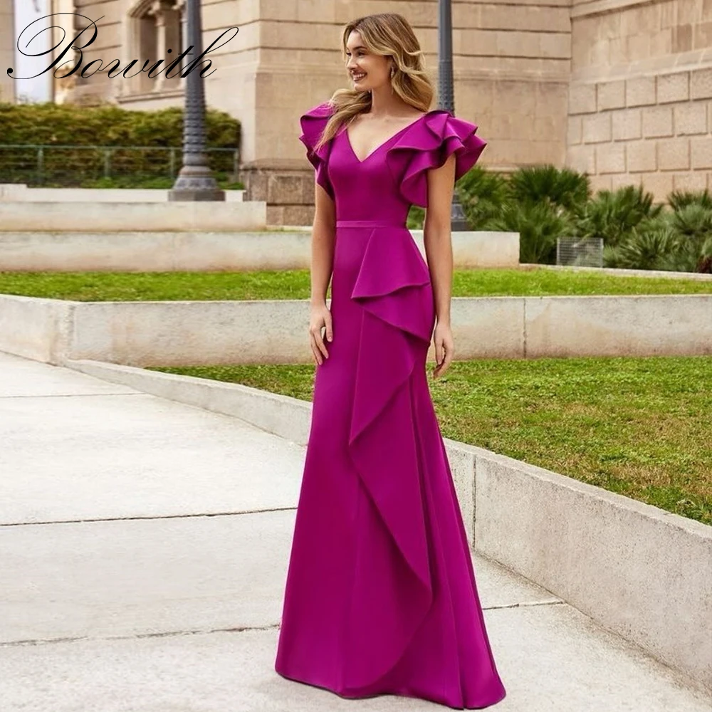 

Bowith Fuchsia Evening Dresses V-Neck Ruffle Floor-Length Draped Prom Dresses Women Customized Gown Party Dresses robes de soiré