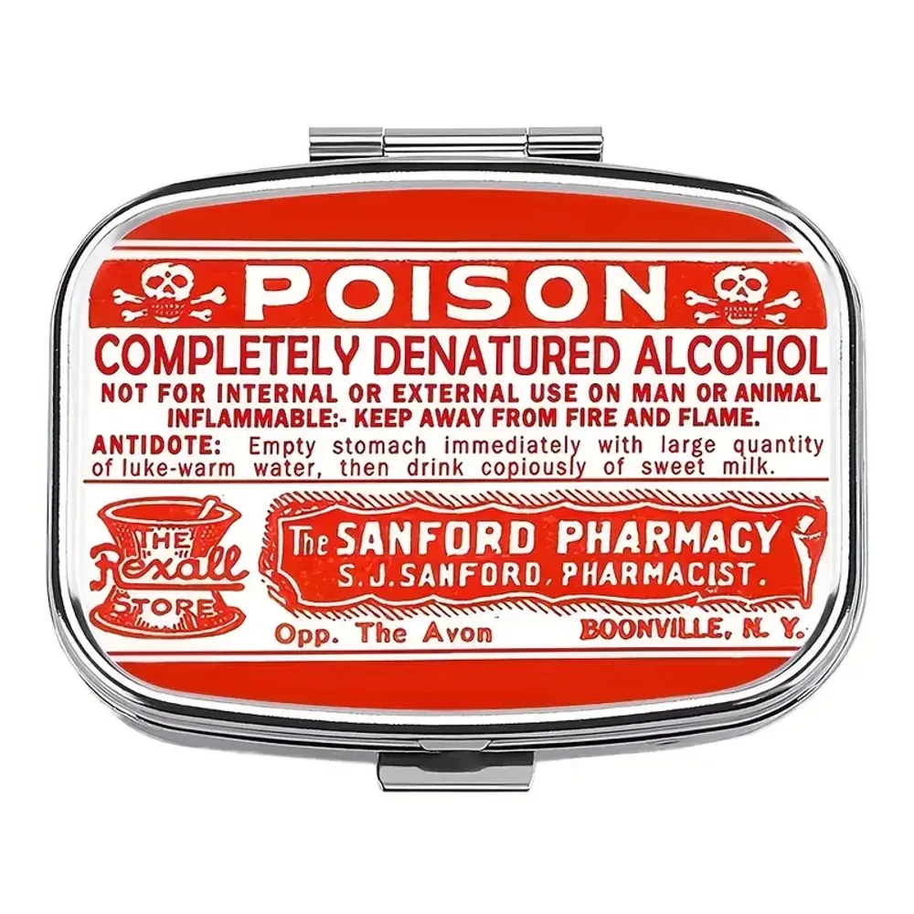 Vintage Poison 2‑Grid Pill Box, Food‑Safe Metal‑Plastic, Portable Pocket/Purse Organizer