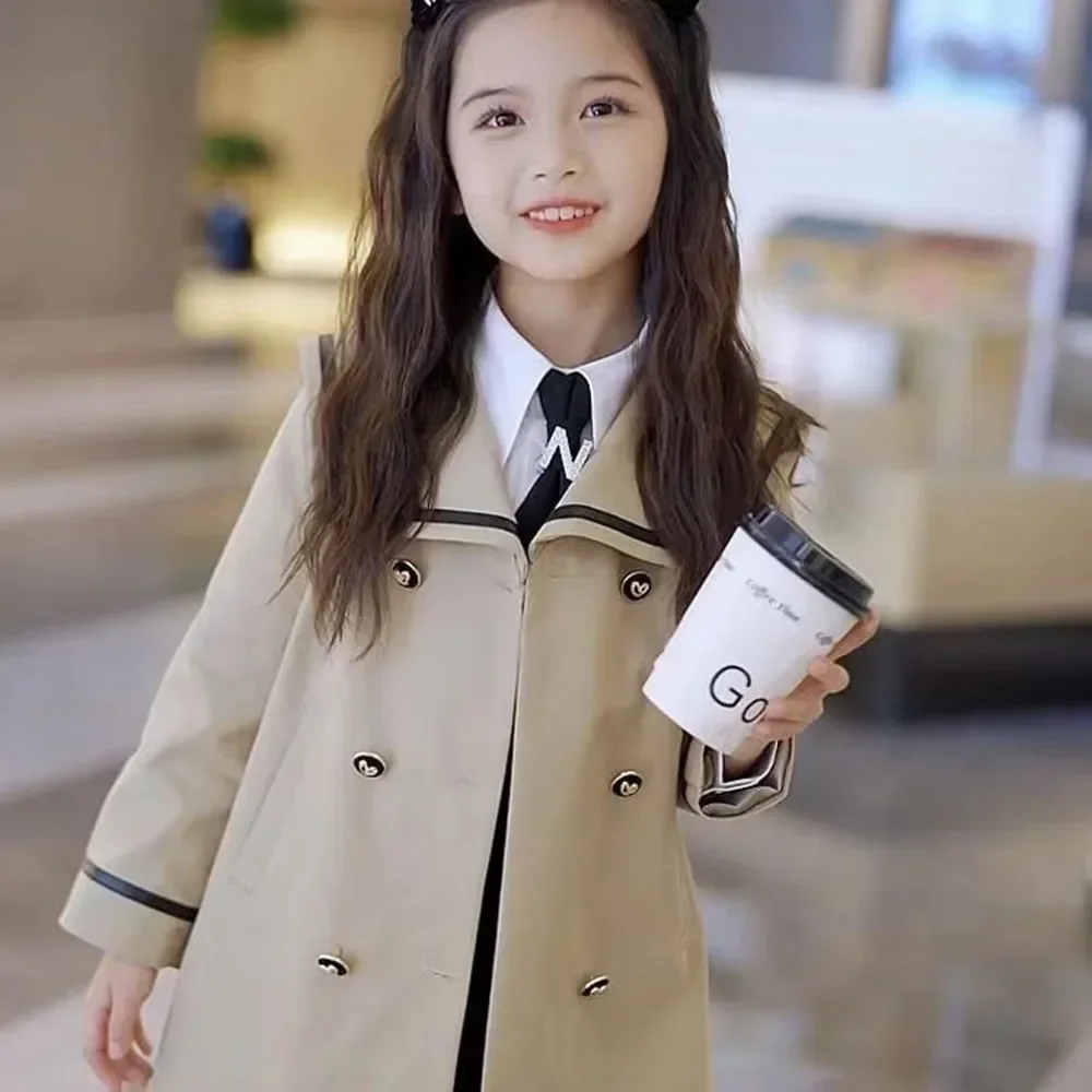 Girls' Trench Coat Sailor Collar 2024 Spring Autumn Preppy Style Double Breasted Korean Mid-length Fashionable 5-12 Years Old