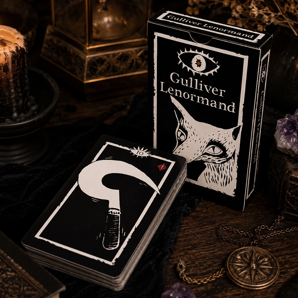Gulliver Lenormand Oracle Deck 10,3*6 cm - 36 cartes Art minimaliste en linogravure noir et blanc