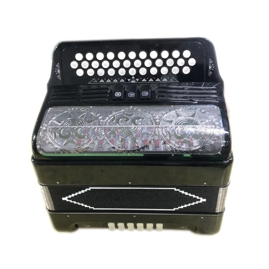 JB3412C Accordion Instrument 34-Button 12-Bass 3-Registers Bright Black Body Silver Grill White Diatonic Wood
