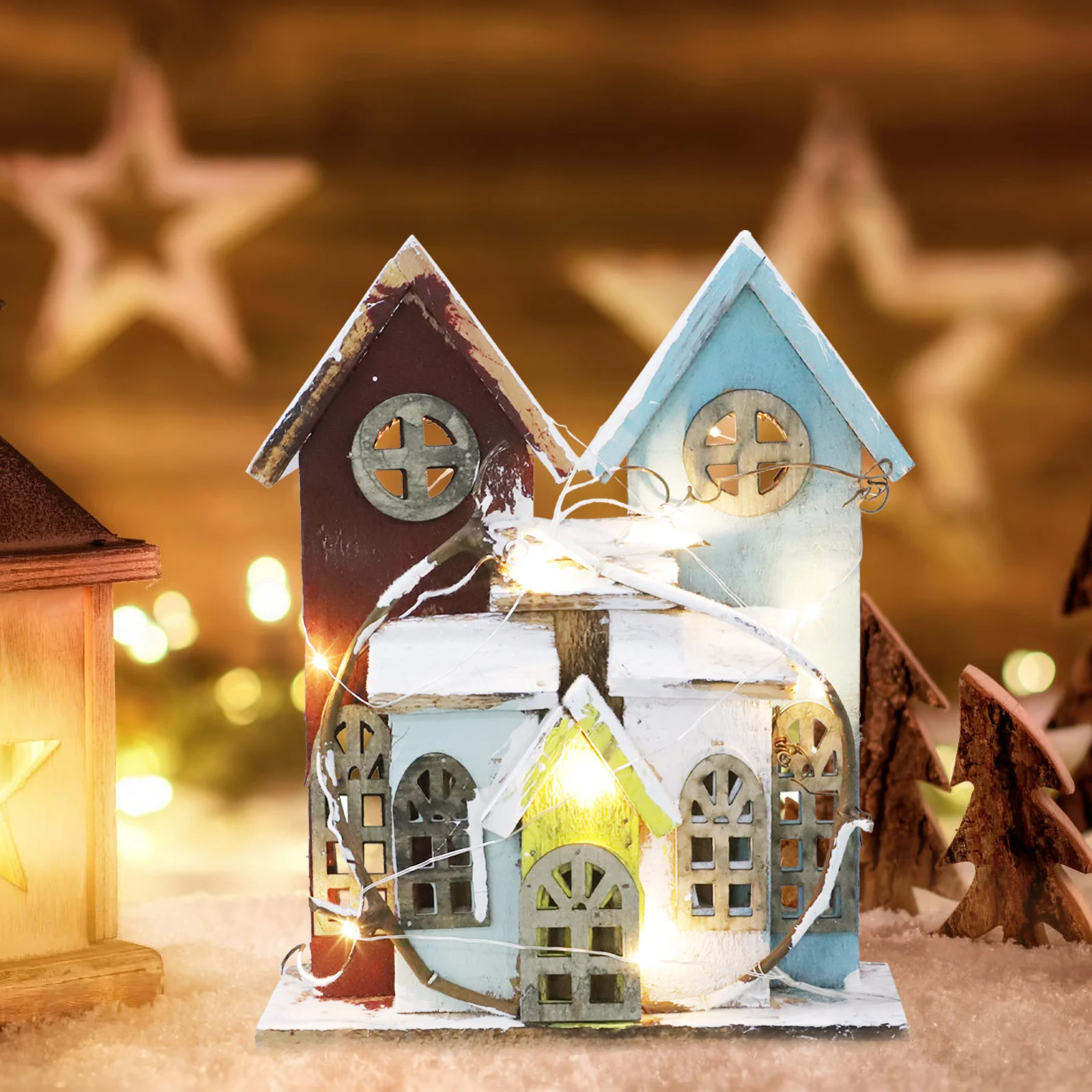 

Christmas Mini Luminous Wooden Glowing Villa Micro House Decor Delicate Light Festival Gift Xmas Desktop Ornament Mini Landscape