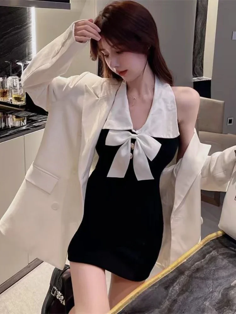Vestidos sem costas femininos halter verão estilo coreano fino temperamento faculdade hotsweet mini moda simples all-match chique ulzzang