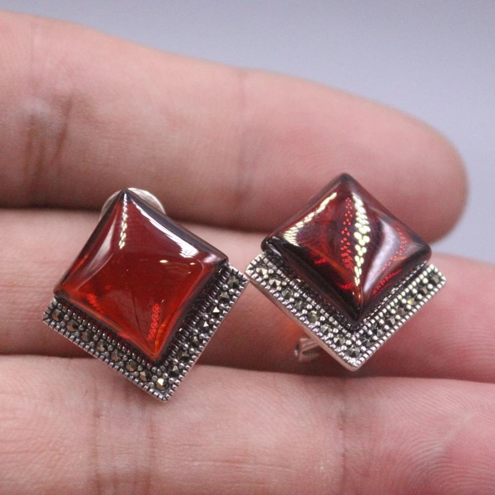 Real Solid 925 Sterling Silver Stud Women Gift Lucky Red Garnet Zircon Square Earrings