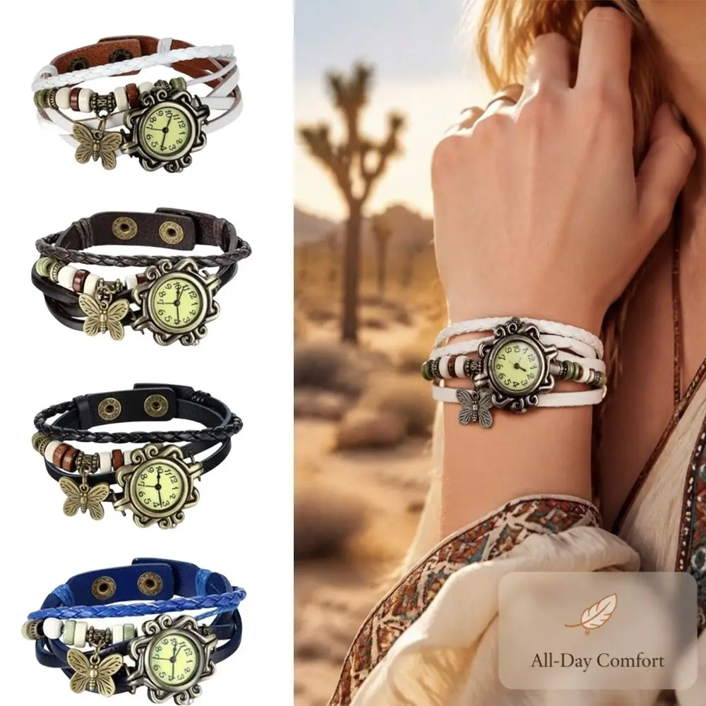 Vintage Bracelet Watch PU Leather Quartz Movement Women Wristwatch Butterfly Charm Leather Wrapped Quartz Watch Women