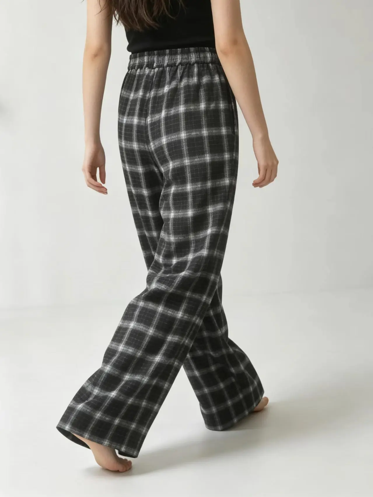 celrimenns Plaid Wide Leg Pants Elastic High Waist Drawstring Loose Casual Trousers Vintage Black Grey Checkered Long Pants