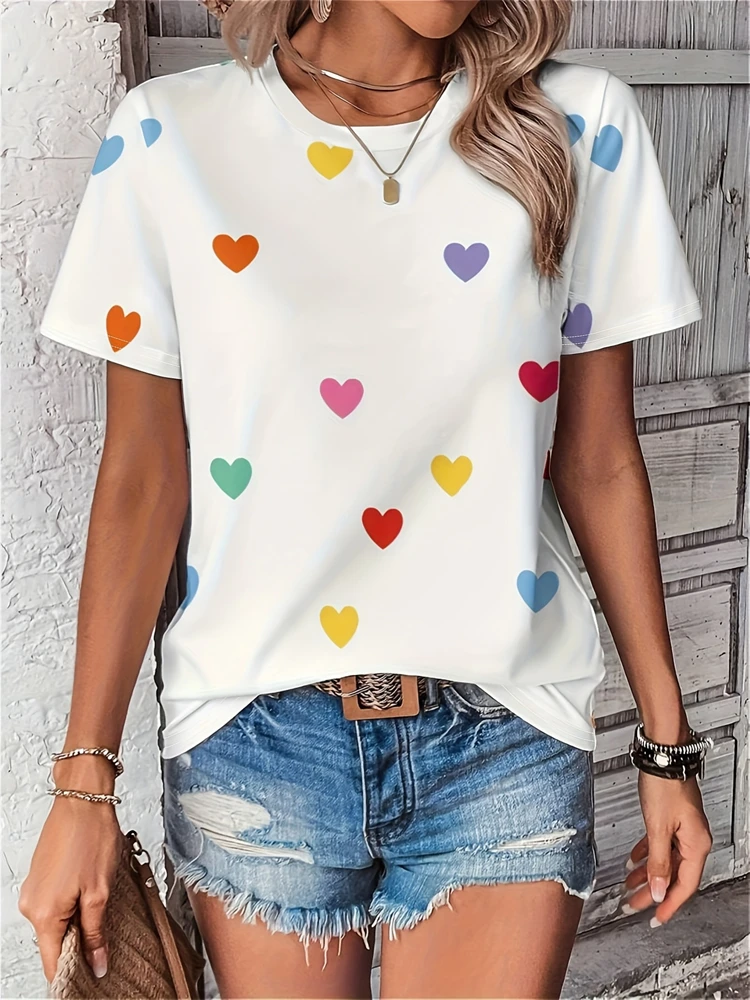 

Женская повседневная футболка с коротким рукавом и принтом в виде сердца, женская милая стильная футболка с коротким рукавом, летняя домашняя женская футболка с коротким рукавом