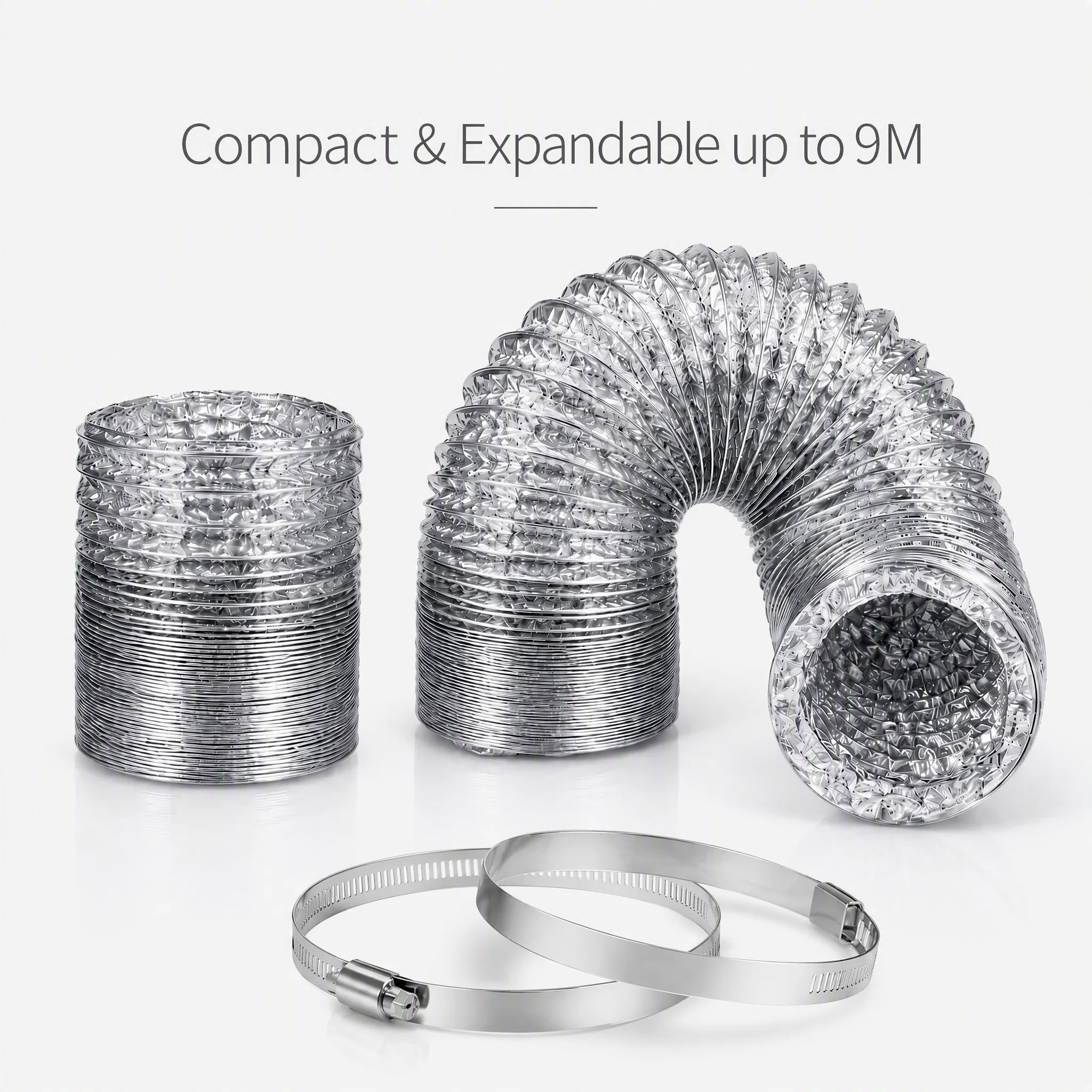 Aluminum Foil Heavy Duty - Hon&Guan製、高耐久性アルミ箔製換気ホース。100mm、150mm、200mmの3サイズ、9メートルの延長可能なダクト。2つのクランプ付き。HVAC（空調設備）、栽培用テント、キッチンなどに。
