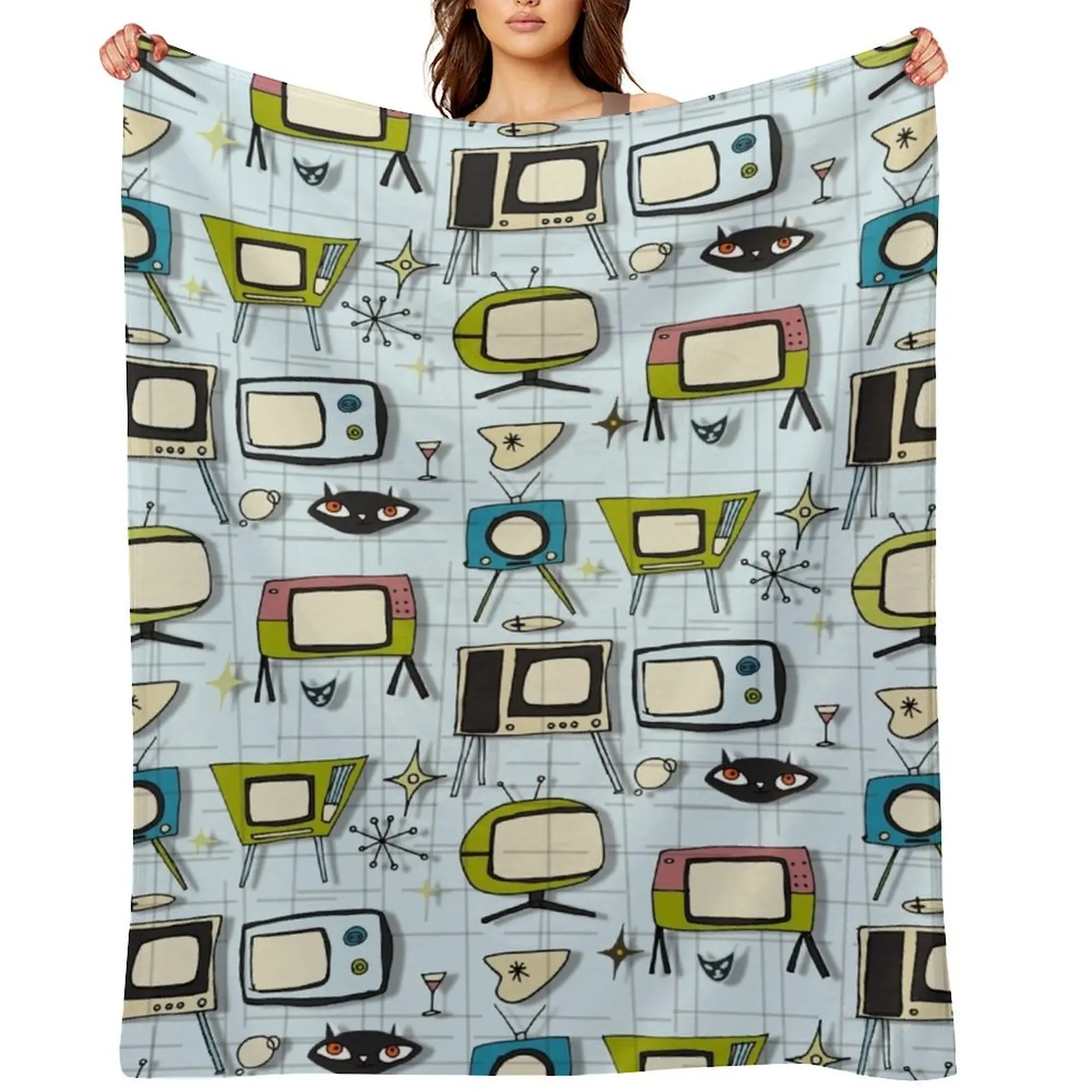 

Retro Tv Blue #midcentury Throw Blanket Polar Extra Large Throw Giant Sofa Personalized Gift Blankets
