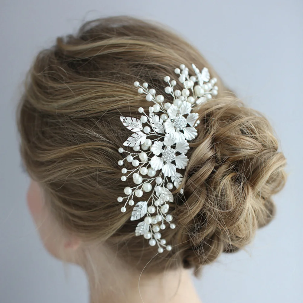 

Pearl Comb Rhinestone Hair Combs Wedding Bridal Accessories Elegant Sparkling Side Bride Flower Design Artificial Leaf Pearl