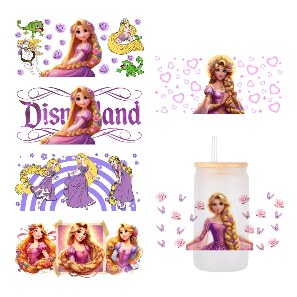 Disney-Princess Tangled UV Dtf Manquetas para tazas, Adesivos Descartáveis Resistentes à Abrasão, 16oz