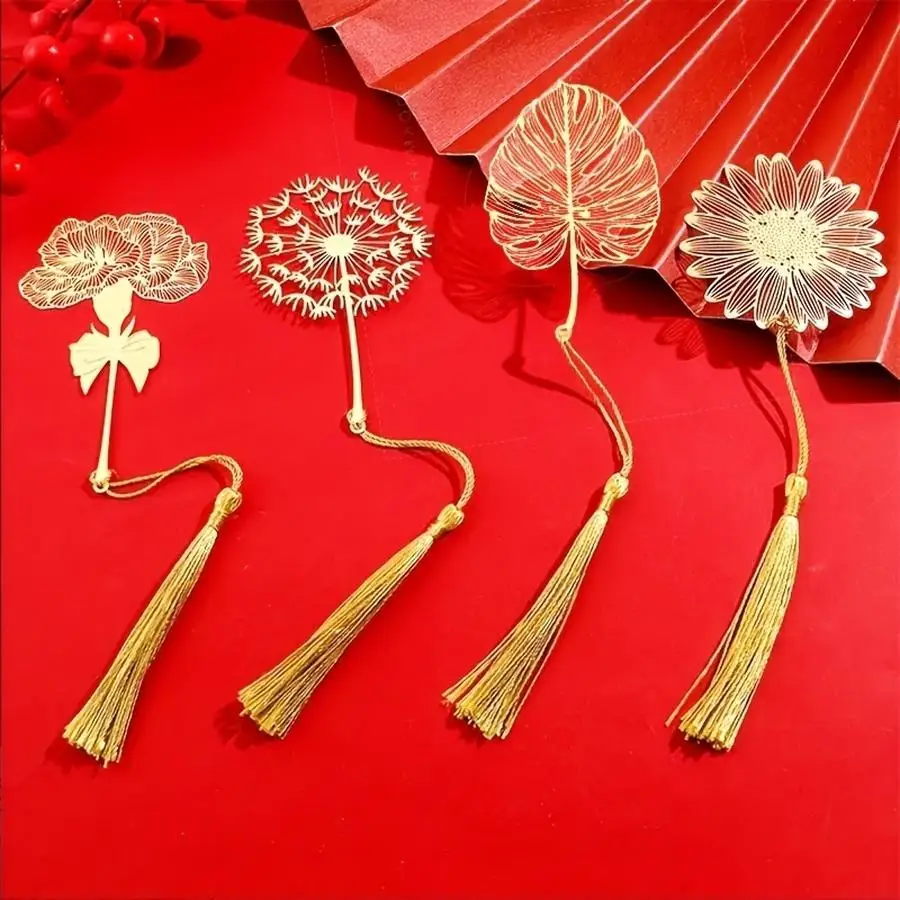1/5/10/20/50/100pcs Hollow Metal Bookmarks with Tassels - Seasonal Leaves, Hollow Design: Carnation/ Dandelion/Sunflower Chinese