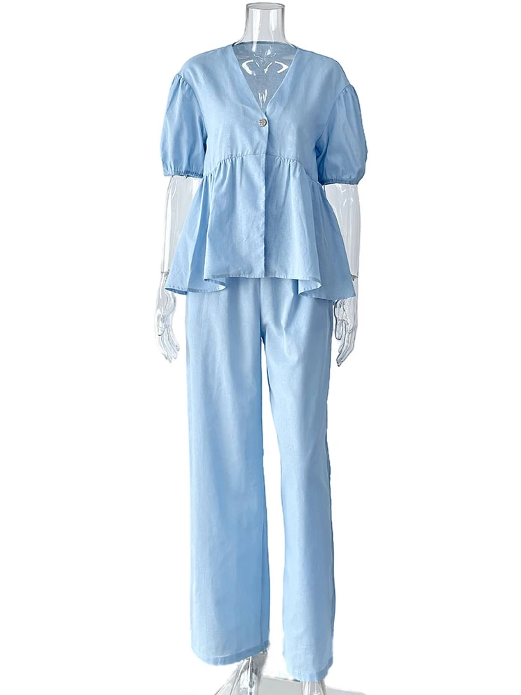 Parc Fee Fashion Loose Blue Cotton 2 Piece Set Woman Outfit 2025 Summer Short Sleeve Shirt With High Waist Wide Pants Set Female