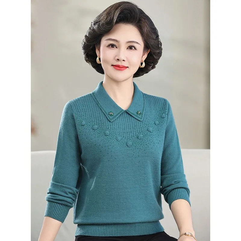 Mature Women Turn Down Collar Knit Sweater Autumn Winter Loose Wool Blouse Mom Long Sleeve Rhinestone Basic Tops