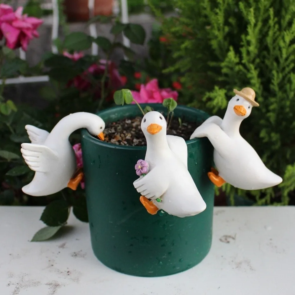 3PCS/SET Resin Duck Flowerpot Pendant Realistic Adorable Shape Simulated Animal Ornaments Whimsical Style Flower Pot Decor