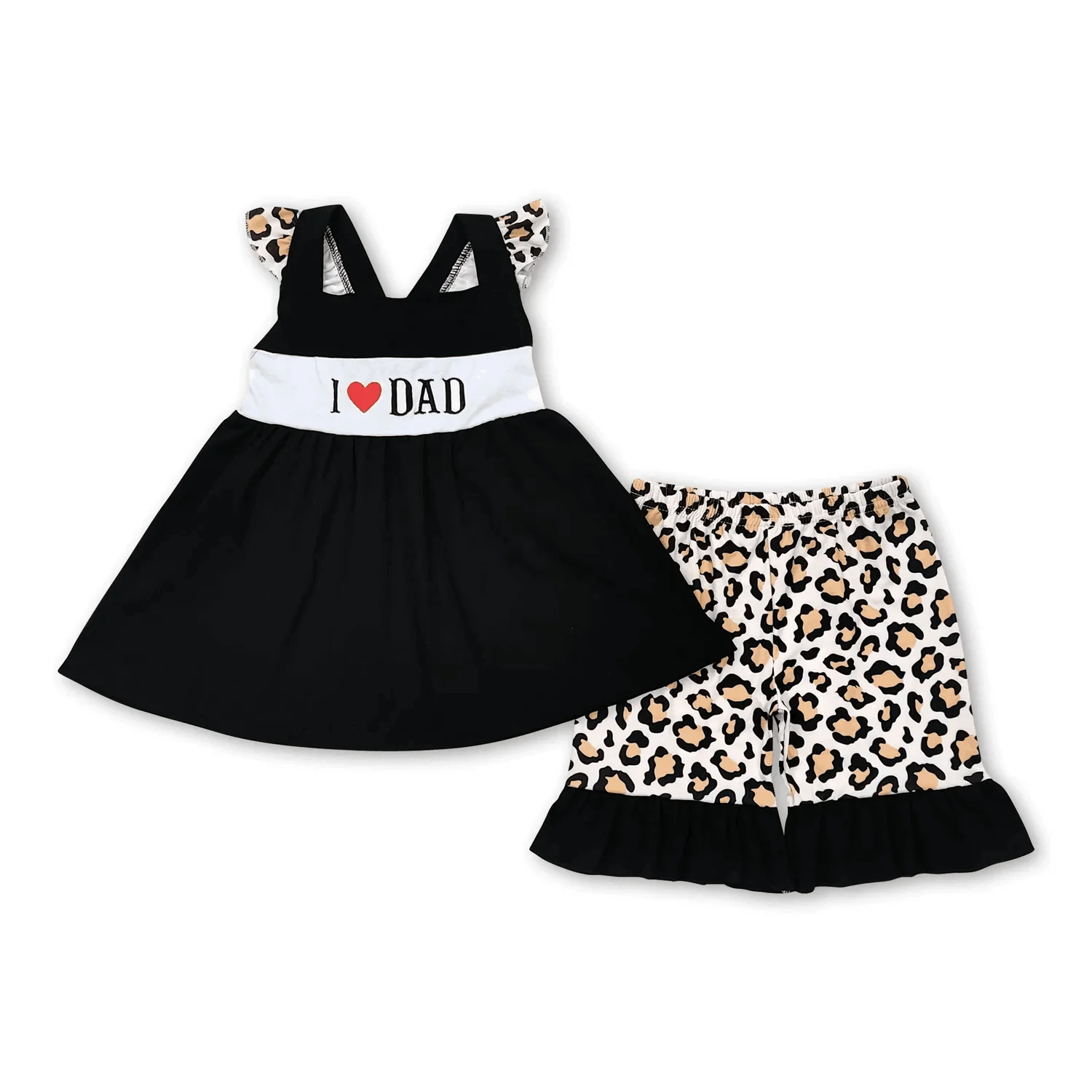 

Baby Girls Black 'I Love Dad' Tunic Top with Leopard Ruffle Shorts - Cute Dad-Themed Outfit Set for Little Ones