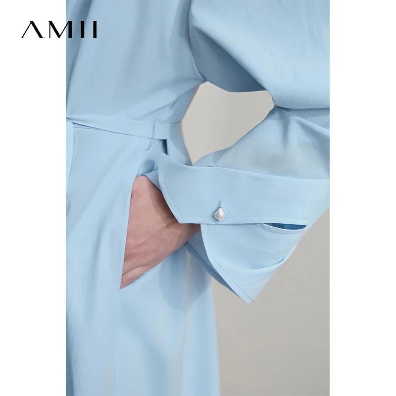 Amii Abito da donna minimalista con scollo a V 2025 Autunno Nuova manica a bocciolo con cintura Tinta unita Casual Elegante abito a forma di A 12541108