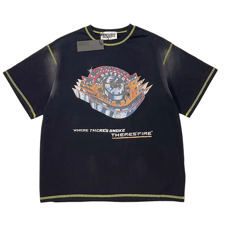 

Satoshi Nakamoto T-Shirt American Trendy Print Ripped Splatter Graffiti Washed Short Sleeve Tee Summer