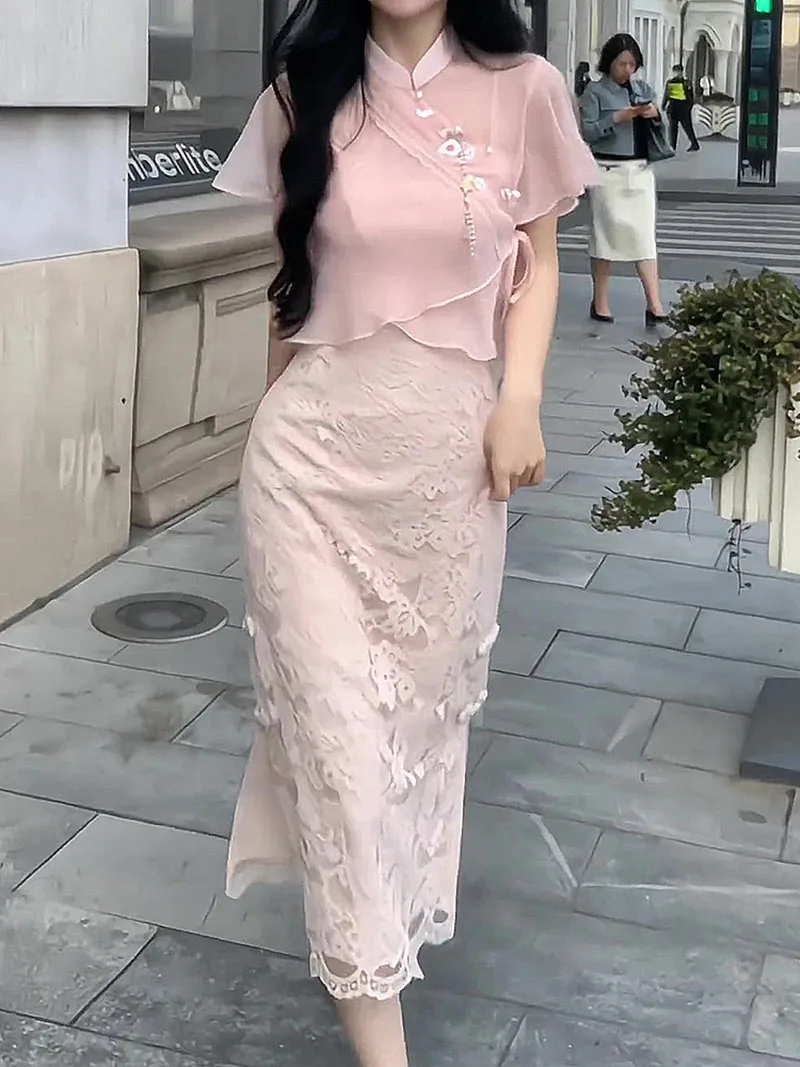 

One Set Pink New Chinese National Cheongsam Vintage Women Long Dress Summer Female Lace Qipao Slip Dress with Coat S2123