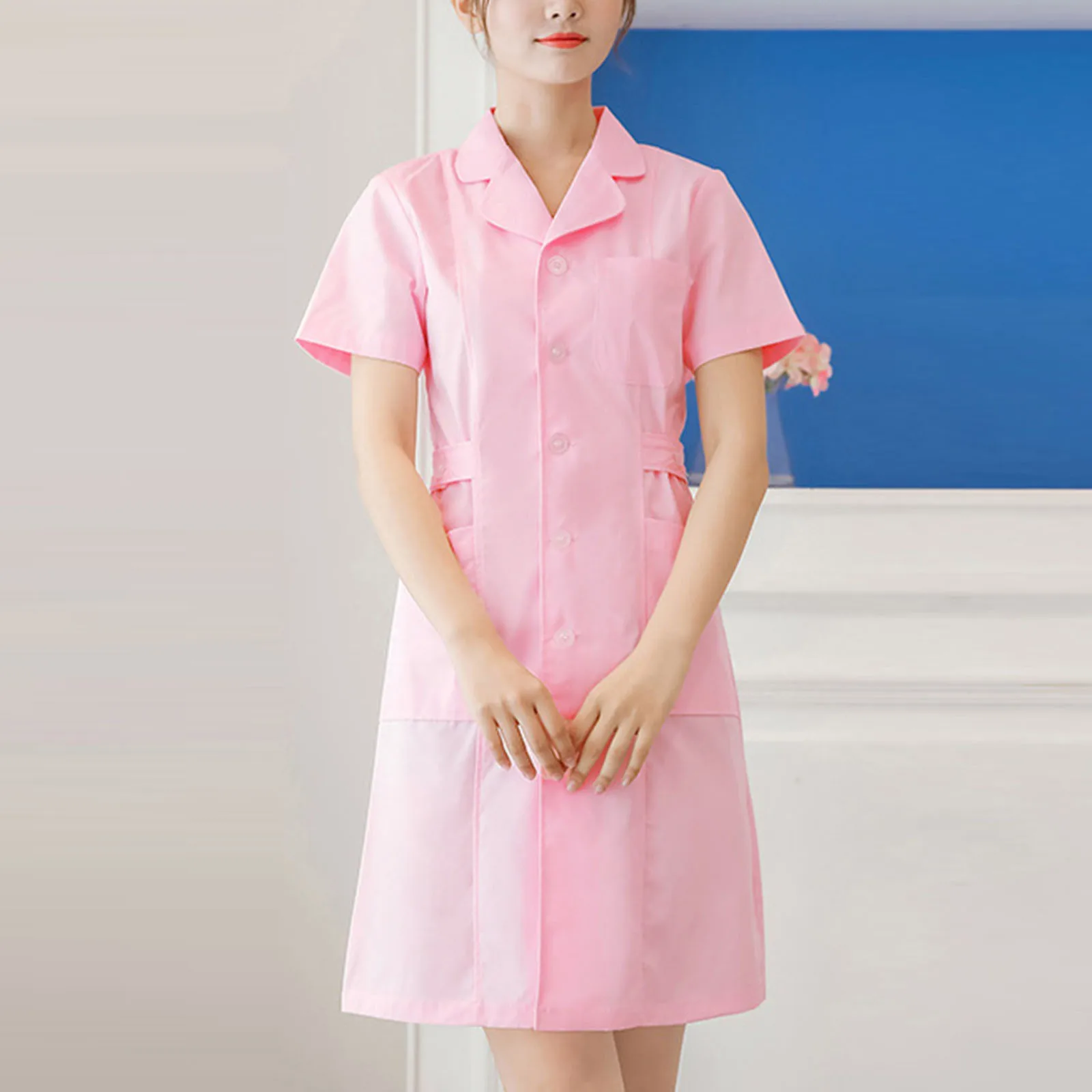 

Women's Fashion Lapel V-Neck Short Sleeve Solid Color Uniform Dress Casual Button Soft and Comfy Working Breathable Clothing