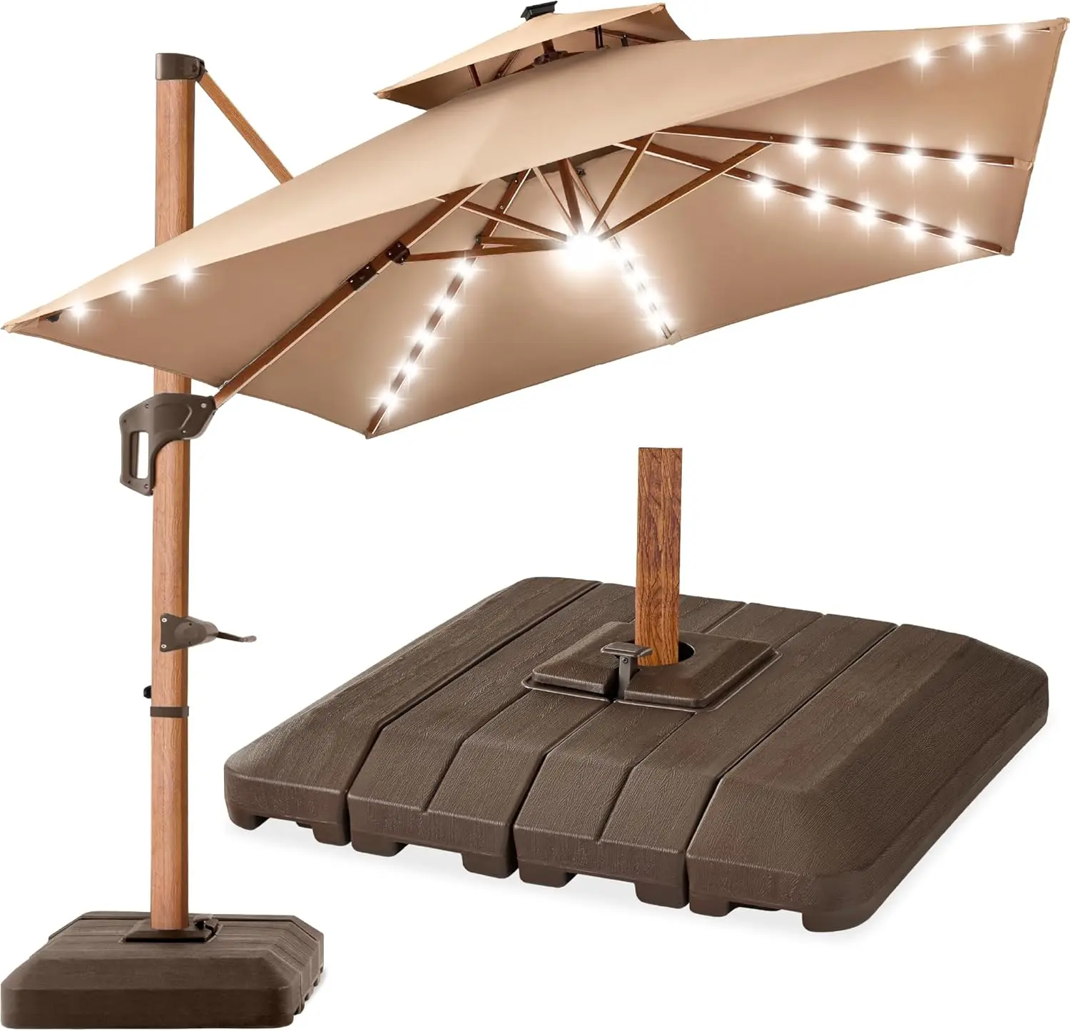 

10ft Square Cantilever Patio Umbrella w/Base Included, Woodgrain Pattern Pole & Solar LED Lights, 360-Rotation