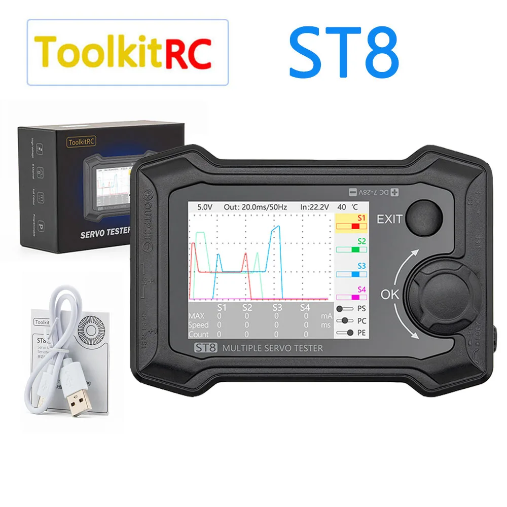 

ToolkitRC ST8 8CH 100W 2A 7-28V LCD Servo Special Tester PWM/PPM/SBUS Signal Speed Liner Step Servo Analyzer With 4-Ways Indepen