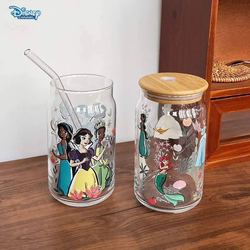 Disney Belle Ariel Mermaid Aurora Snow White Cindy Glass Straw Cup Water cups with lids and straws coffee mugs Disney Princess