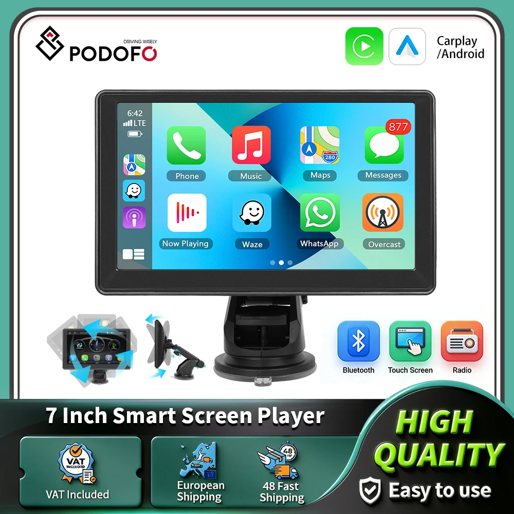 Podofo 7'' scherm Carplay MP5 draagbare smart player ondersteunt Android Auto met Apple Airplay BT muziek