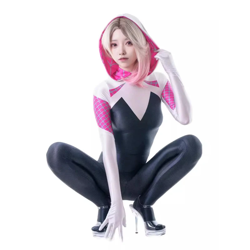 sexy glossy oily tights Halloween Adults Gwen Stacy Cosplay Costume Superhero smooth body suits for women romper