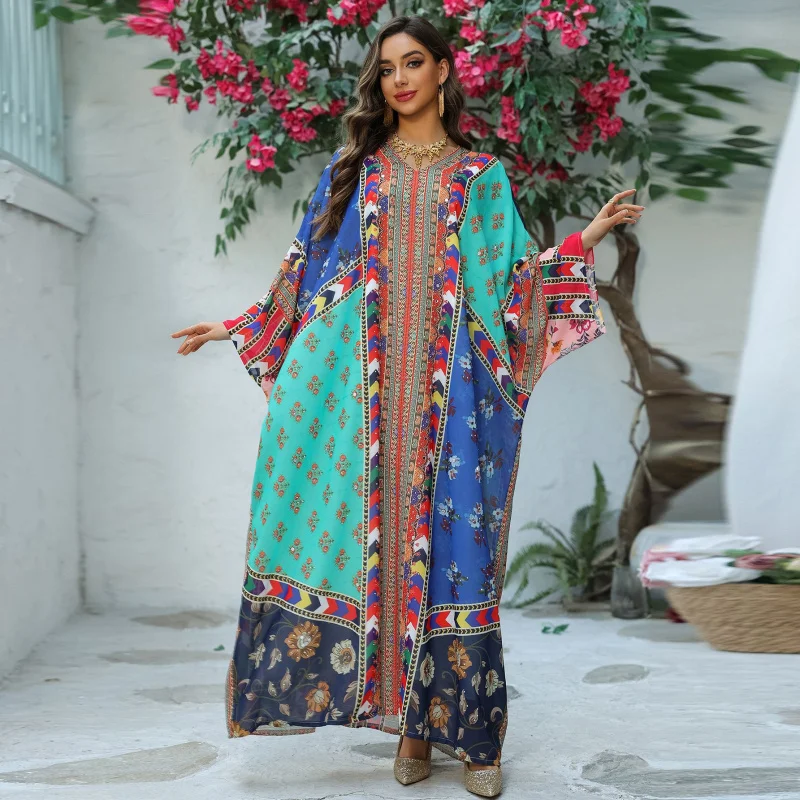 الشرق الأوسط المرأة المطبوعة حجر الراين الدكتور حجم كبير العلوي رداء طويل عبر الحدود جديد Sle الصيف Faion البوليستر