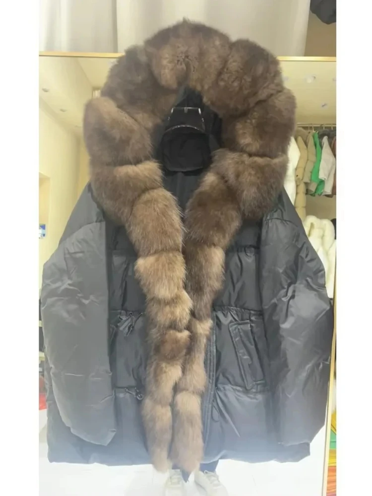 Natuurlijke vossenbontjas met capuchon Warme vrouwelijke mode Witte eendendonsjas 2025, nieuwe winter herfst dik echt bont pufferjack dames