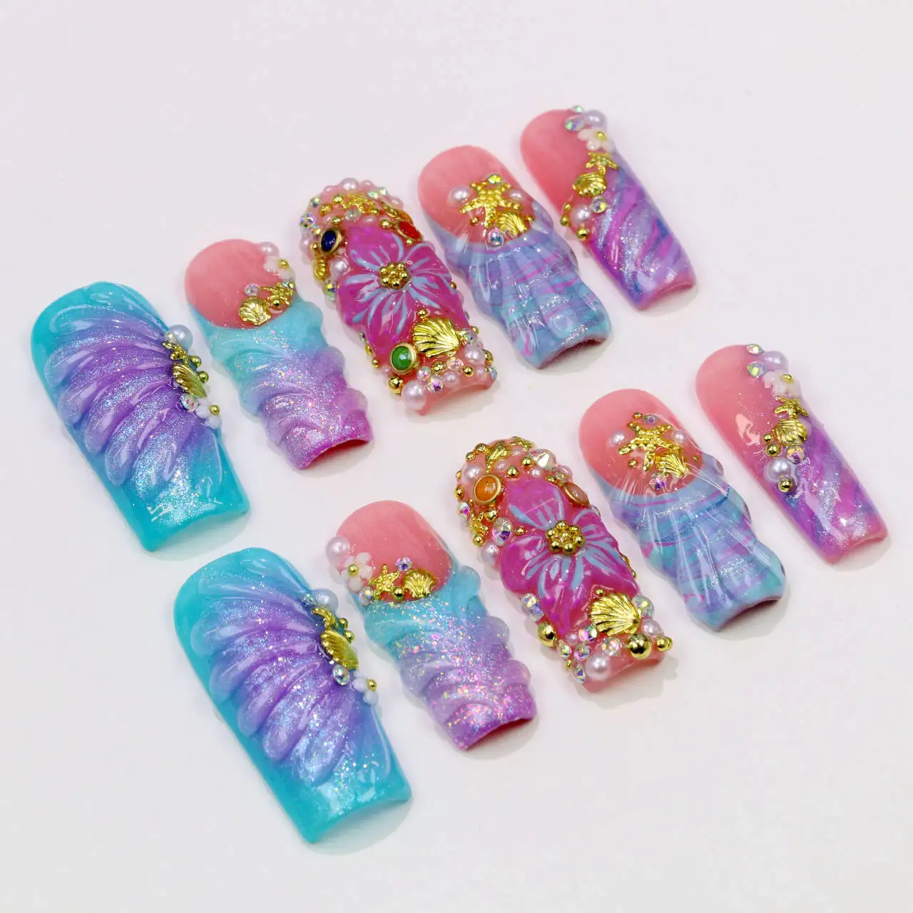 

10Pcs 30mm 3D beautiful handmade Manicure Press On Nails,Acrylic Fake Handpainted Long Coffin Flowers Custom Design Holiday Nail