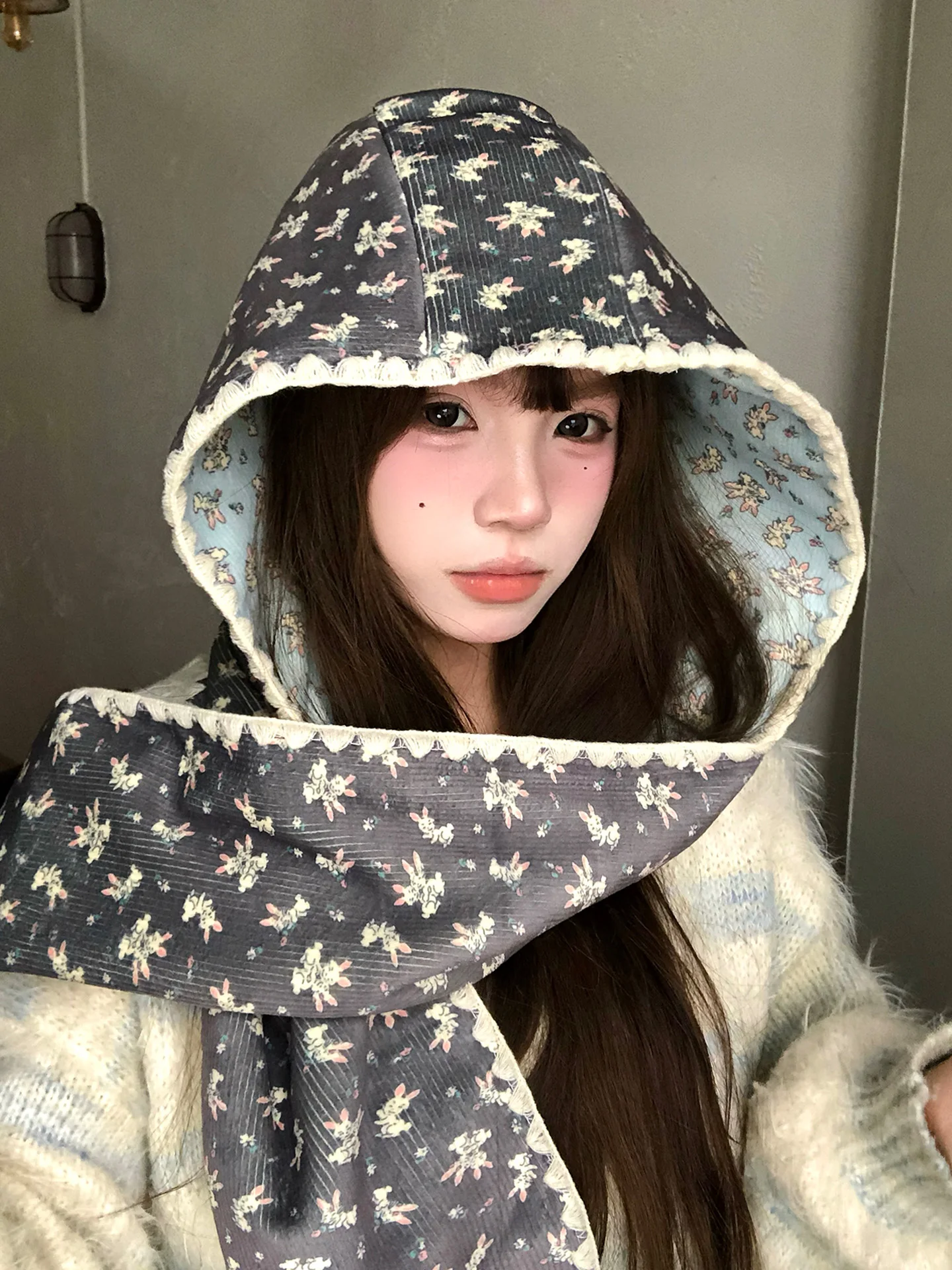 Korean Style Cute Rabbit Double-Sided Hat Scarf Combo Women's Autumn Winter Warmth Cold Resistance Head Wrap Balaclava Hat