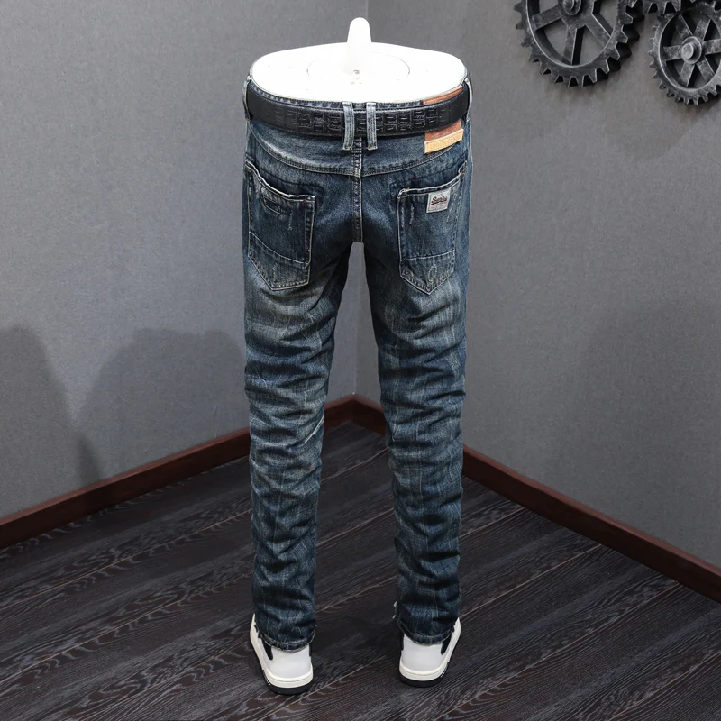 Japanese Style Fashion Men Jeans High Quality Retro Dark Blue Straight Slim Ripped Jeans Men Vintage Designer Denim Pants Hombre