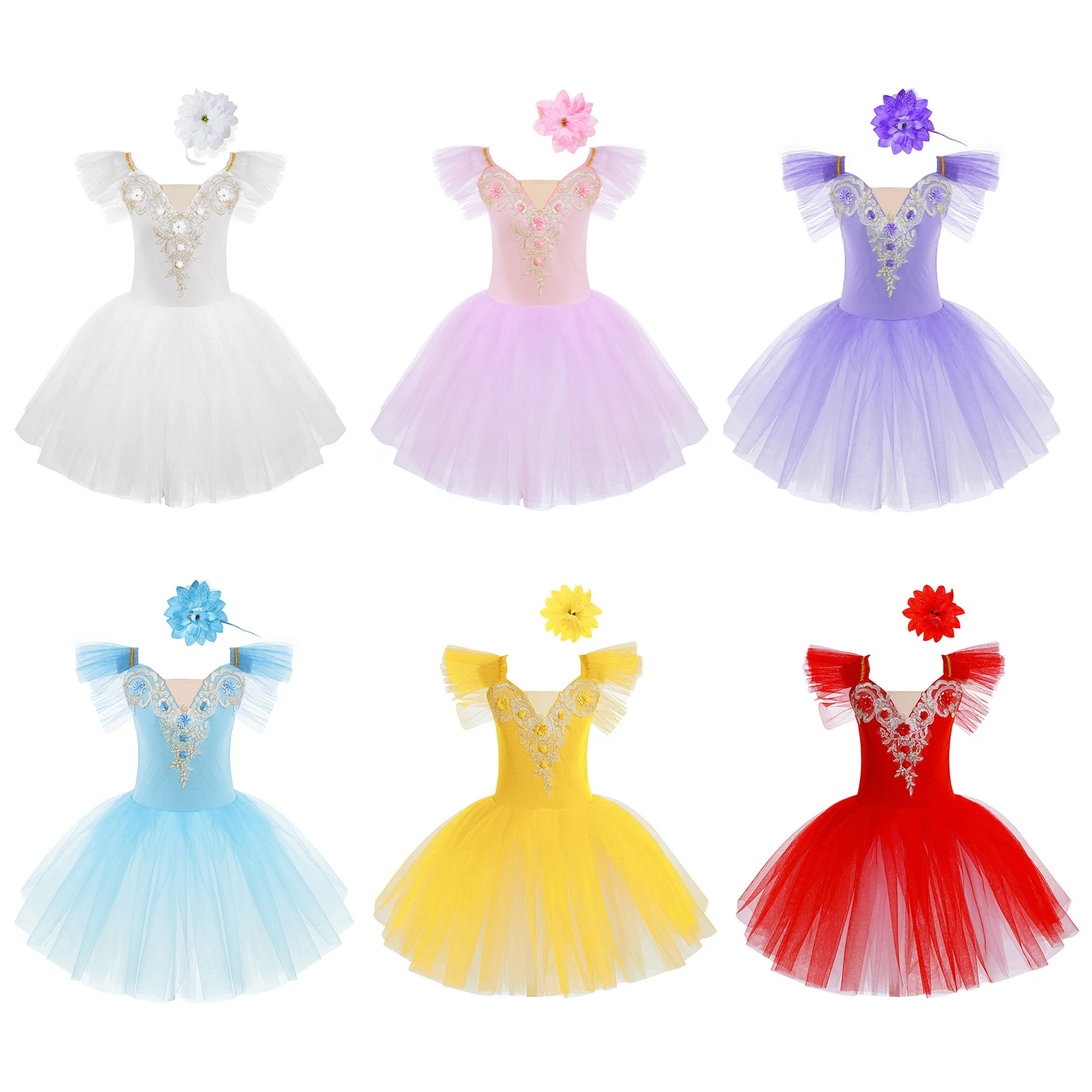 Kids Girls Professional Ballet Tutu Dress Figure Skating Stage Performance Dance Costumes Lyrical Dance Dress with Headdress