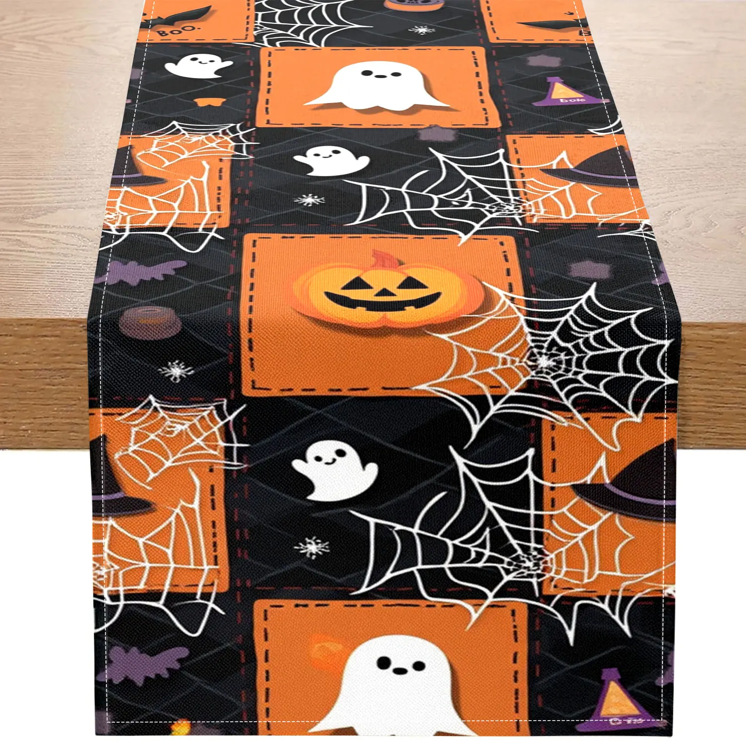 

1 Piece of Halloween Cartoon-Themed Table Runner, Decorated with Pumpkin Lanterns, Ghosts, Bats, and Spider Webs, Suitable for Holiday Parties and Children's Room Decoration
