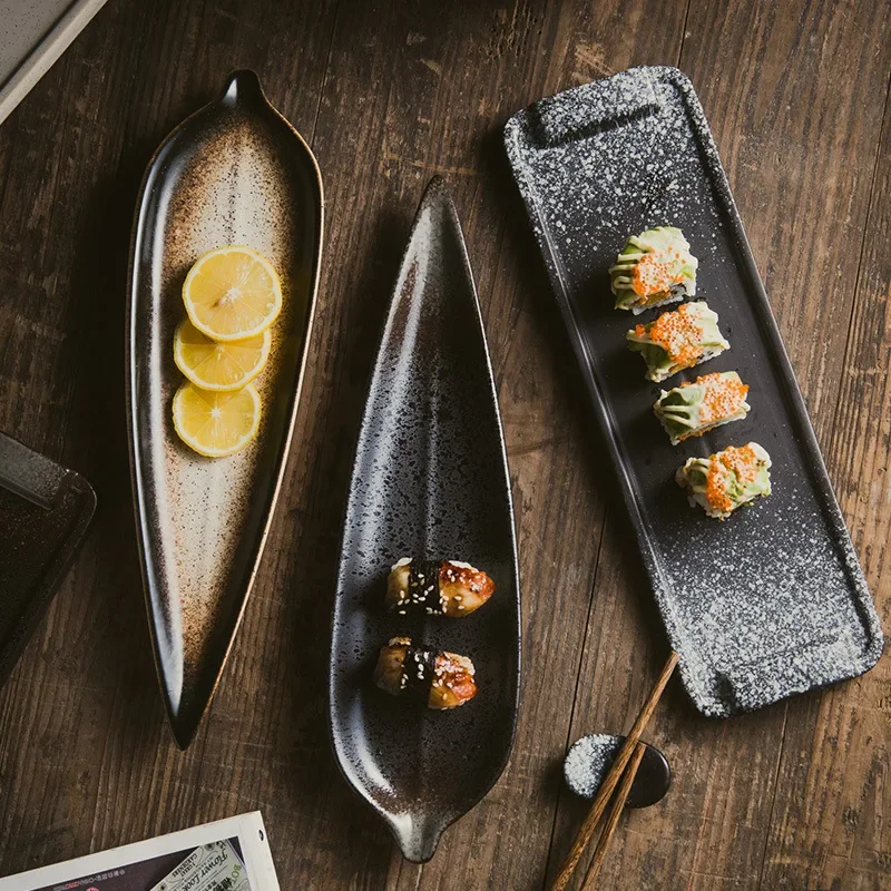 

Japanese Sushi Plate, Creative Fish Plate, Ceramic Irregular Rectangular Plate, Large Leaf, Household