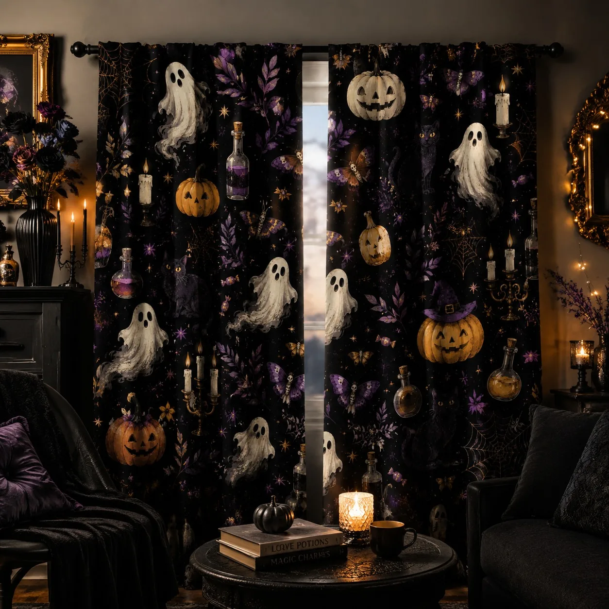 2Pcs Halloween Curtains with Pumpkin Ghost Spider Web and Bat Print, Spooky Black Purple Theme Decor, High-Quality Digital, Goth
