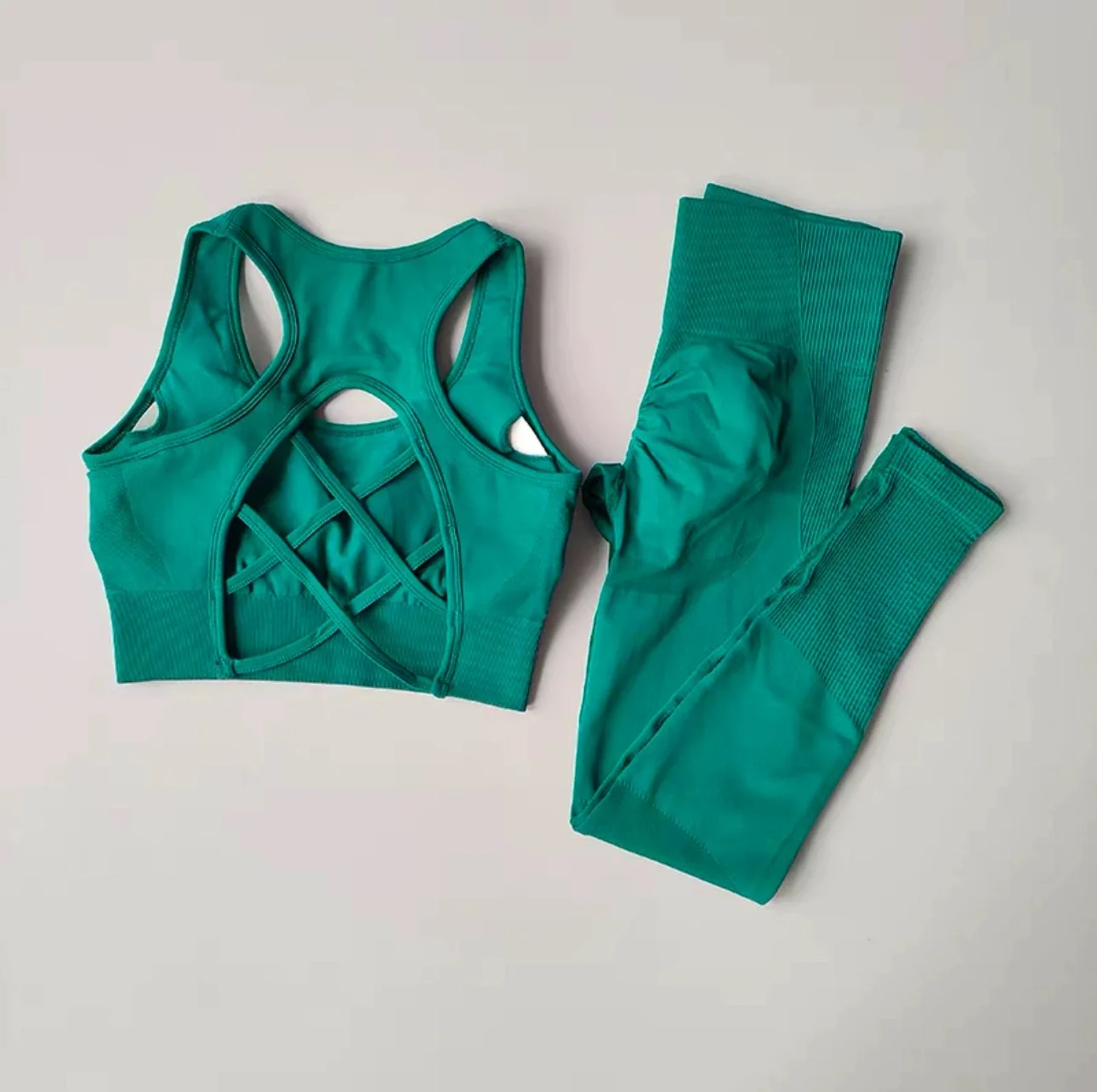 Yoga-Trainingsset für Damen, Rückenfreier Sport-BH mit Kreuzgurt, kombiniert mit Hüftstraffender und hochtaillierter Yoga-Fitnesshose – Detail 22