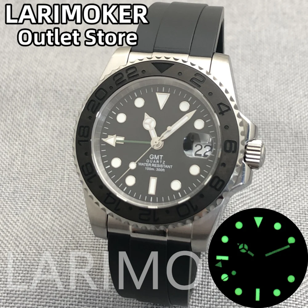 

LARIMOKER Black Dial 40mm Rhonda 515H24(GMT) Quartz movement Watch For Men Jubilee Bracelet Ceramics Bezel 20ATM Waterproof