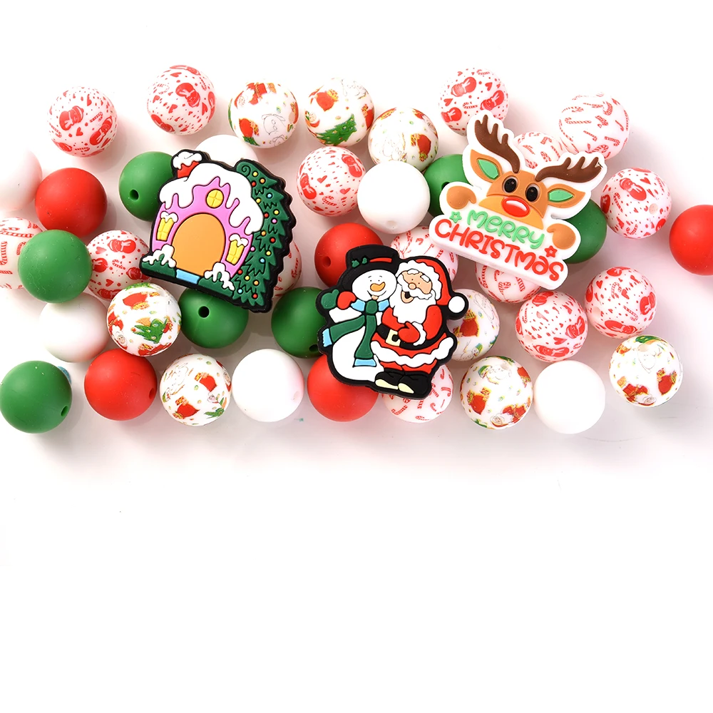 73Pcs New Christmas Silicone Beads Round 15mm Print Loose Beads Set For Beadable Pen Keychain Bracelet DIY Handmade Accessories