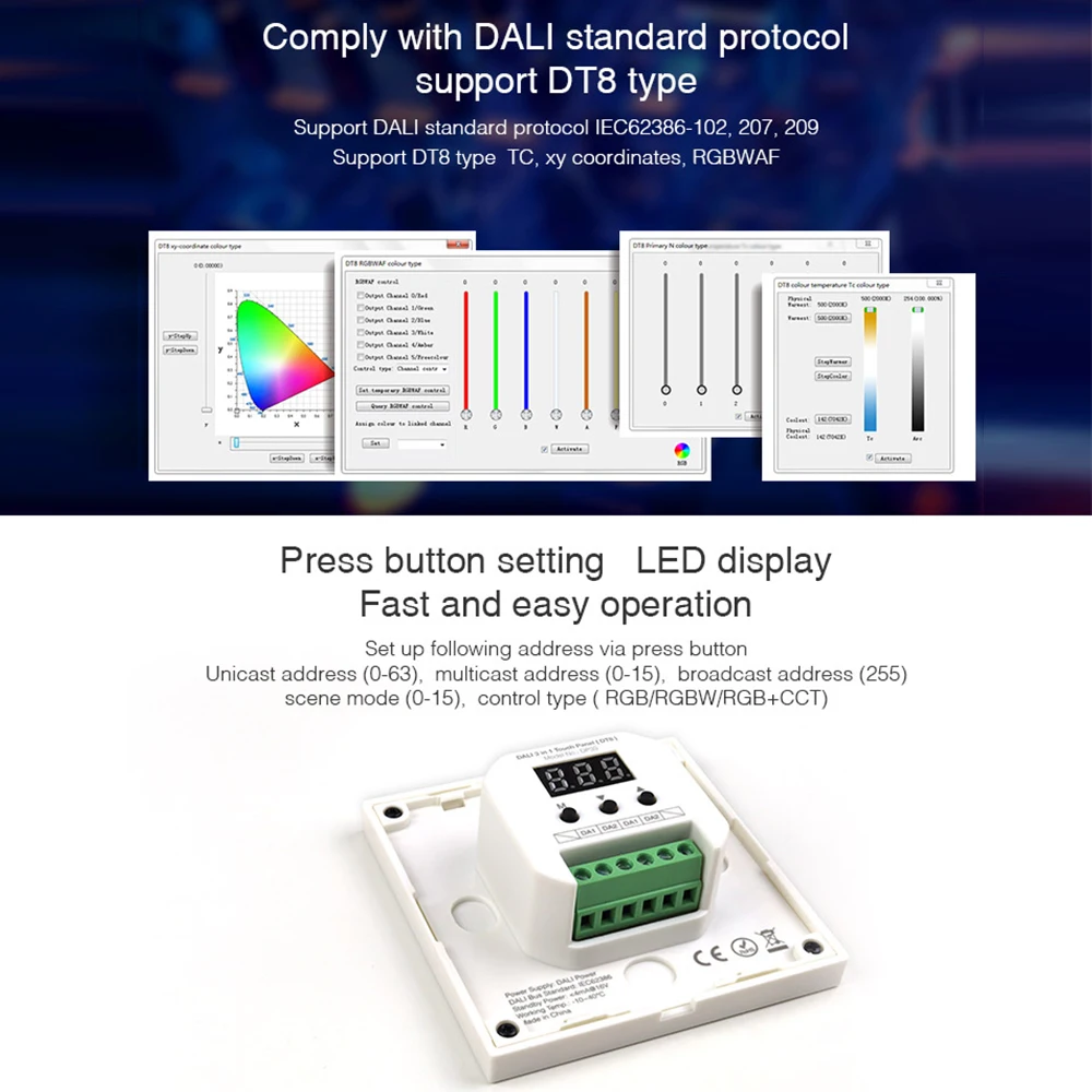 Miboxer DP3S 3In1 86 DALI DT8 Signal DALI Bus Standard IEC62386-102,207,209 Touch RGB/RGBW/RGBCCT Dimming Brightness Host Panel