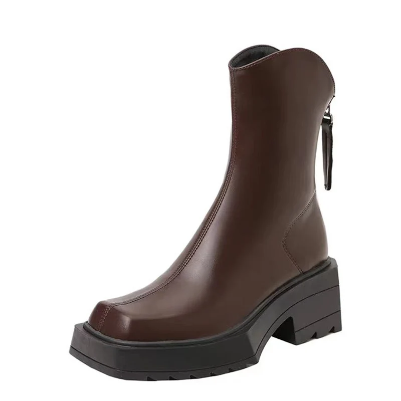 Platforma Kobiety Śnieg Botki Średnie Obcasy Retro Buty Square Toe Buty Motocyklowe 2024 Trend Zimowe Skórzane Chunky Botas Mujer