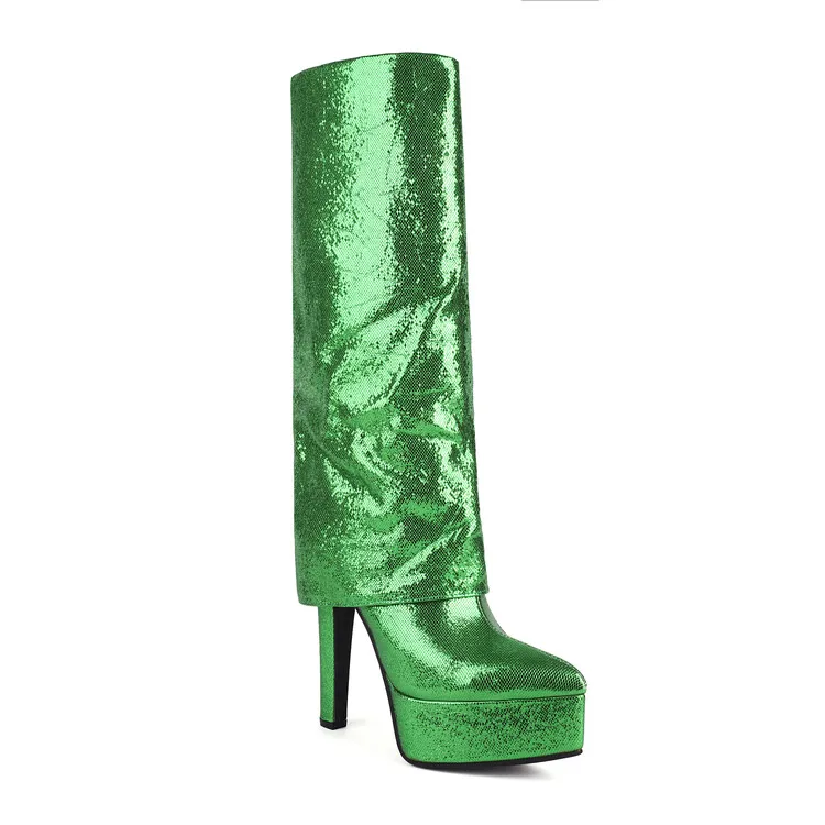 2023 New Pointed Thick Heel Knee Length Boots 35-43 Shiny Street Singer Performance Women's Boots Car Model Fashion Silver Boots