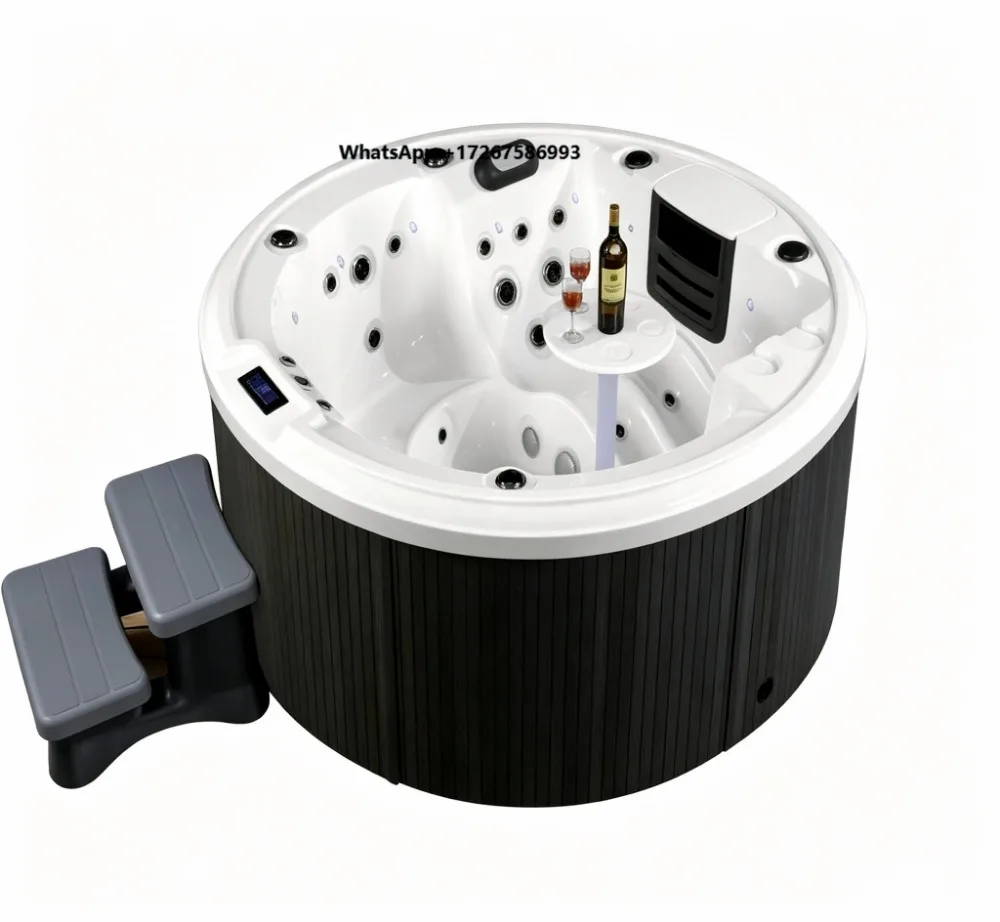 6 Person Round Outdoor Spa Hot Tub Garden Backyard Whirlpool Massage Spa Tub With 33 Jets Ozone Bluetooth Control LED Light