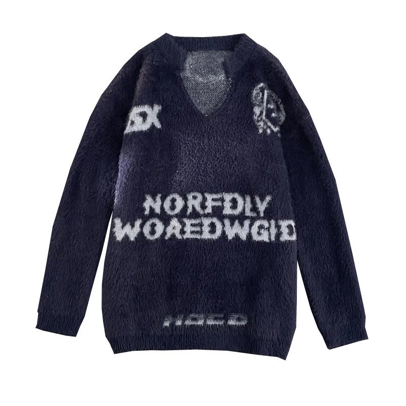 Suéter Retro de manga larga con cuello en V para hombre, Jersey de punto de visón Jacquard holgado y cálido, ropa de moda para hombre