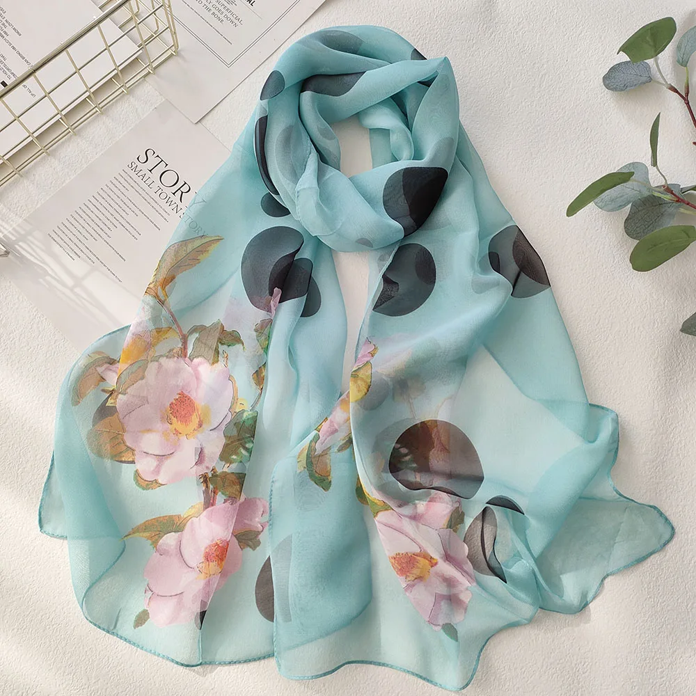 Camellia Flower Dots Print Women Foulard Elegant Chiffon Georgette Bandana Scarf Summer Beach Travel Sun Protection Thin