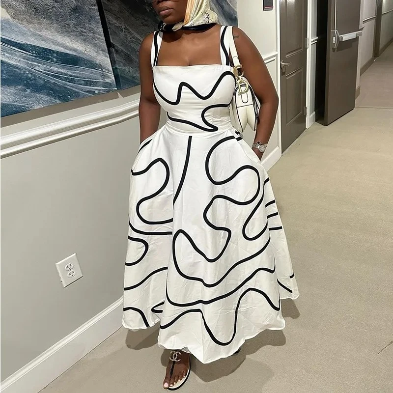 

Fashion Women Sleeveless Striped Printed Big Swing Maxi Long Tank Dress 2025 Beach Holiday Evening Party Vestidos Sexy Dresses